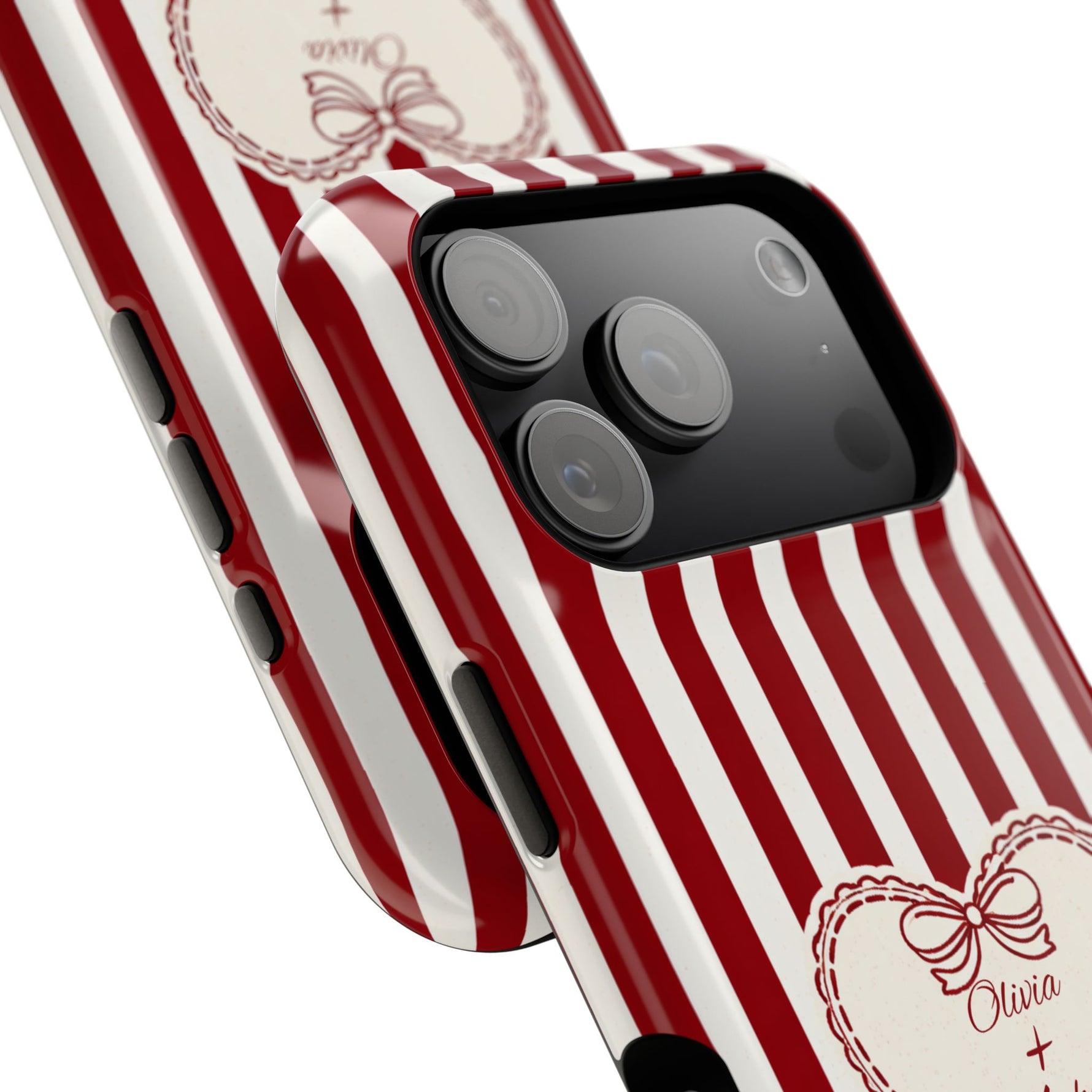 Funda personalizada a rayas — Diseño de corazón rojo y blanco (nombres personalizados)