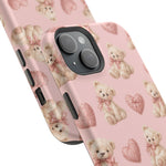 Pink Teddy Hearts Love iPhone Case, Impact-Resistant MagSafe Compatible