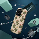 Cactus Bloom – Sage Green Floral Cactus MagSafe Phone Case, glossy square triple-camera Pro model, rear view with magnetic accessories