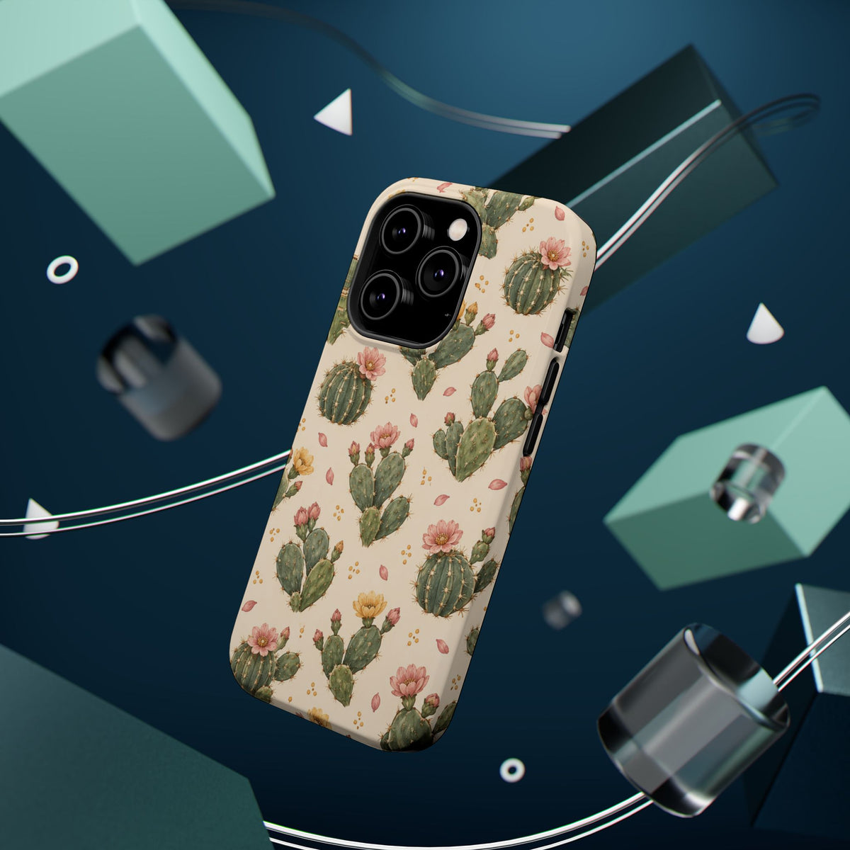 Cactus Bloom – Sage Green Floral Cactus MagSafe Phone Case, glossy square triple-camera Pro model, rear view with magnetic accessories