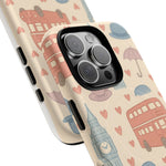 London Icons Hand-Drawn iPhone Case — Cute Double-Decker Bus & Big Ben Pattern with MagSafe compatibility  Shamo's