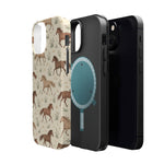 Wild Mustangs – Western Horse Pattern MagSafe Phone Case, glossy diagonal dual-camera model, exploded shell and liner with magnetic ring