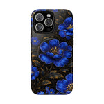 Phone case with large blue flowers and gold leaves on black background, showing variant size for iPhone.