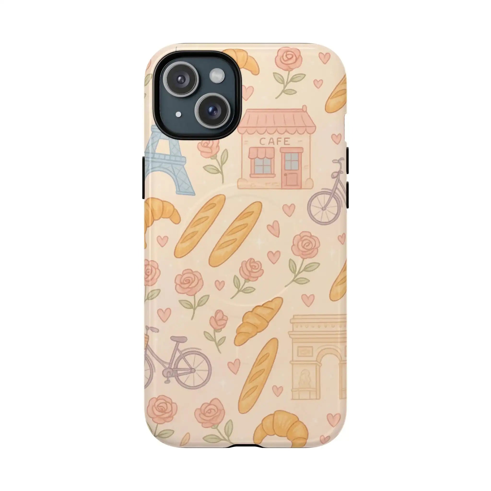 Parisian Bakery iPhone Case — Cute Eiffel Tower, Croissants & Baguette Tough MagSafe Case  Shamo's iPhone 15 Plus / Glossy