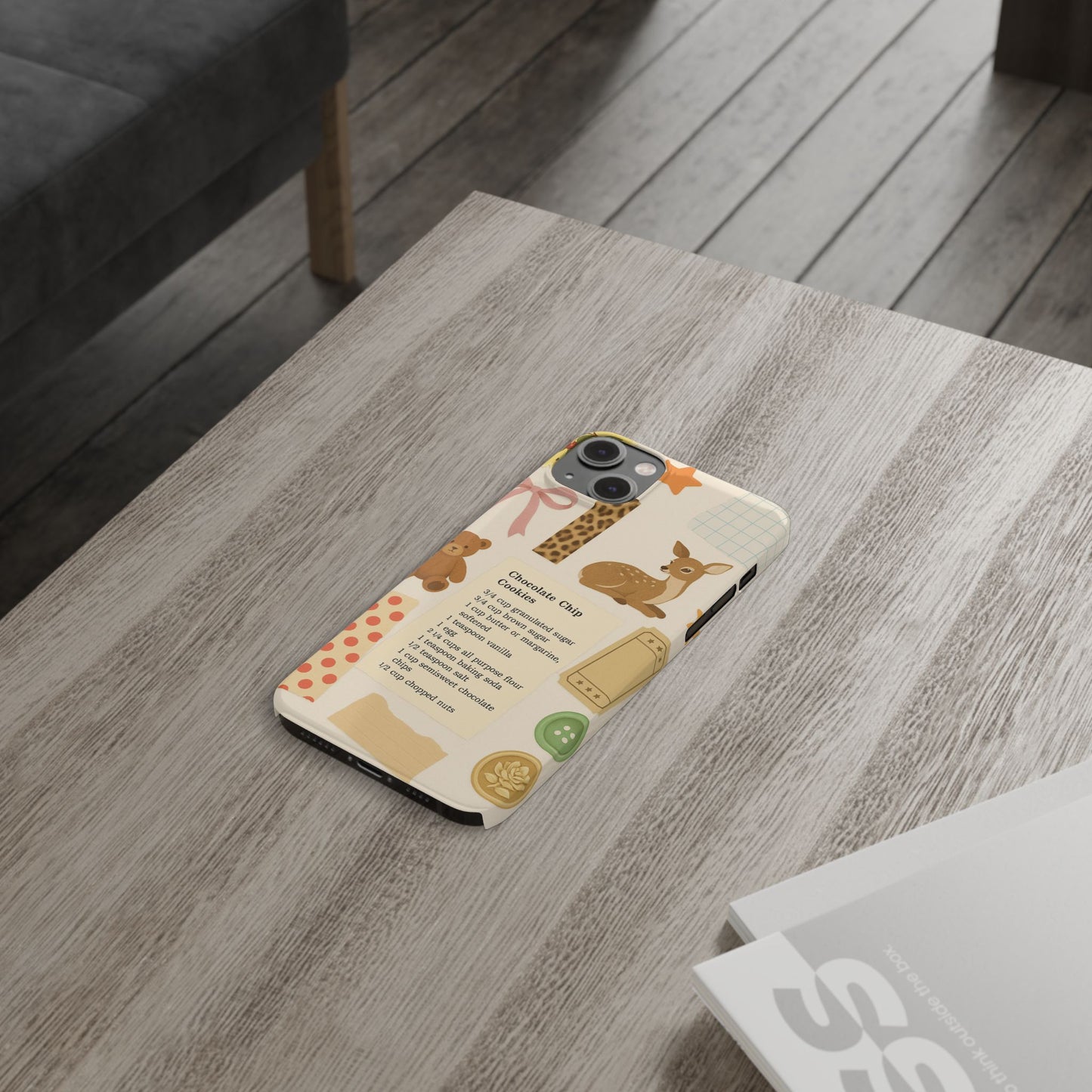 Slim iPhone Case — Cozy Baking & Teddy Pattern (Recipe, Deer, Buttons)
