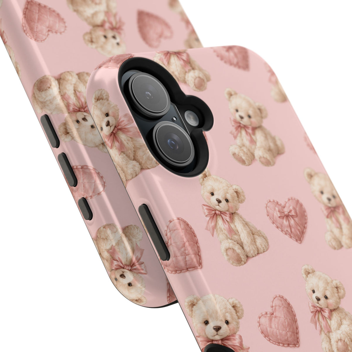 Pink Teddy Hearts Love iPhone Case, Impact-Resistant MagSafe Compatible