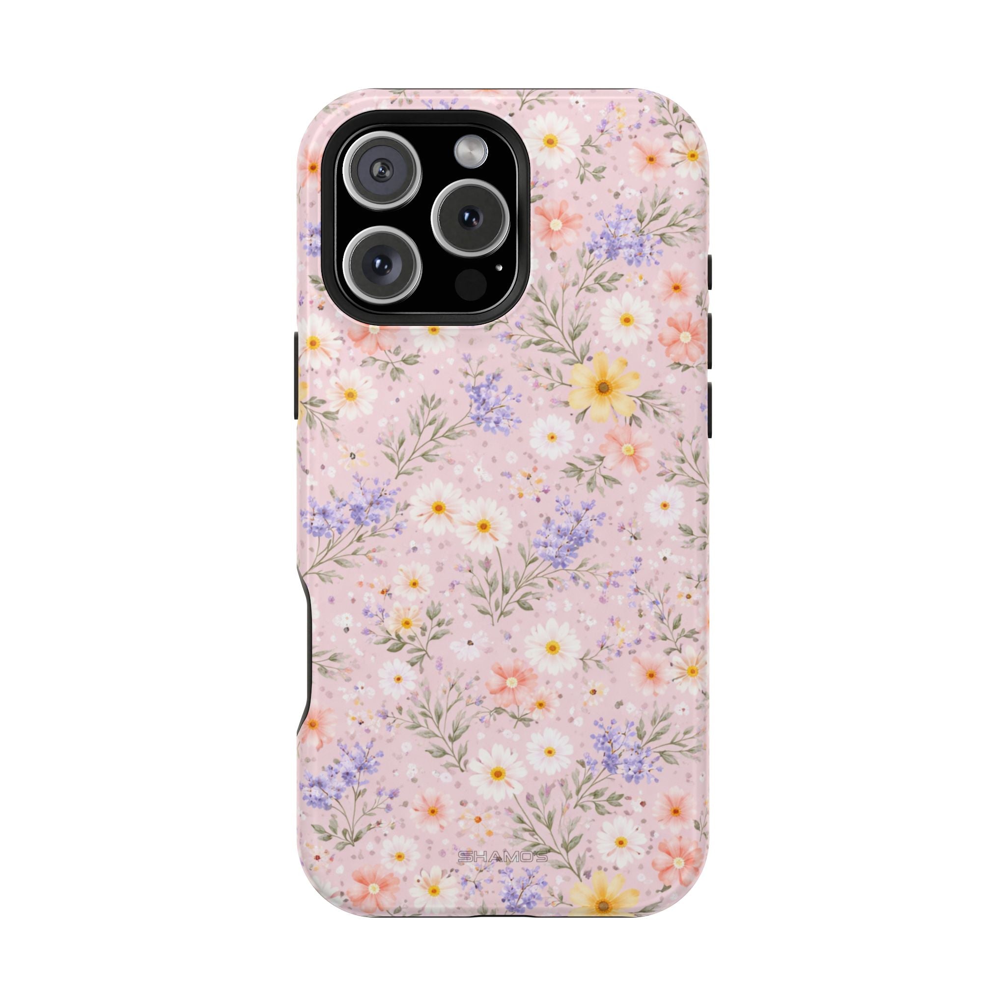 Phone case with a dense pastel pink, lavender, white, and yellow wildflower pattern
