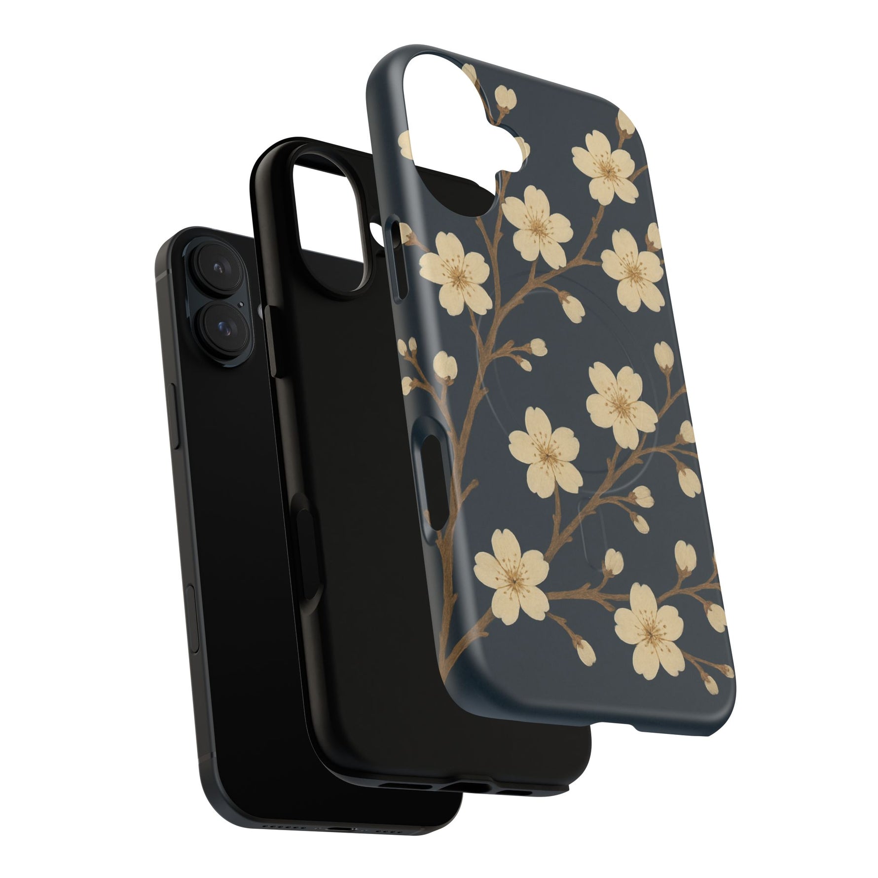 Navy Cherry Blossom Floral iPhone Case - Compatible with MagSafe - Shamo's