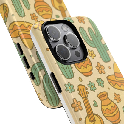 Mexico Hand-Drawn Cactus Pattern iPhone Case – Cute Desert Guitar & Sombrero Design | with MagSafe
