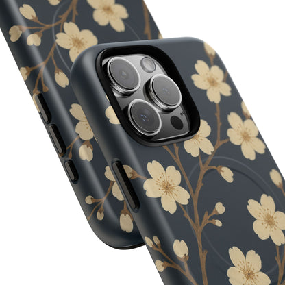 Navy Cherry Blossom Floral iPhone Case - Compatible with MagSafe