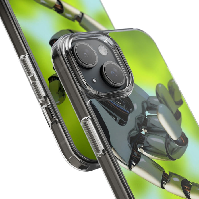 Clear Cases for iPhone 14 Series with Robotic hand and Butterfly.