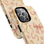 Festive Bow Charm iPhone Case — Pink & Gold Ribbon Hearts with MagSafe  Shamo's