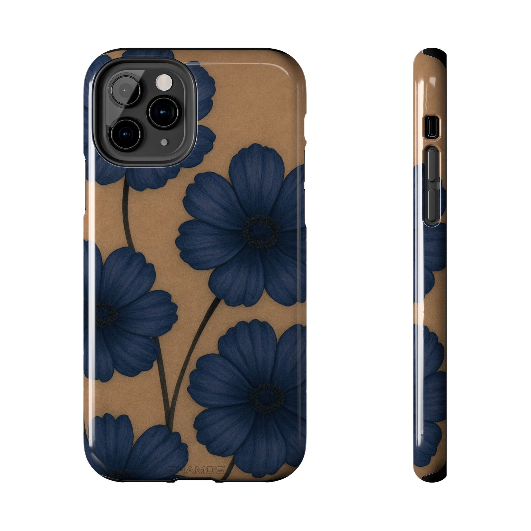 Navy Floral Tough Phone Case — Durable Protective Case with Blue Flowers on Kraft Background