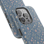 Denim Wildflowers MagSafe Phone Case, glossy square triple-camera Pro model, camera and side-button close-up