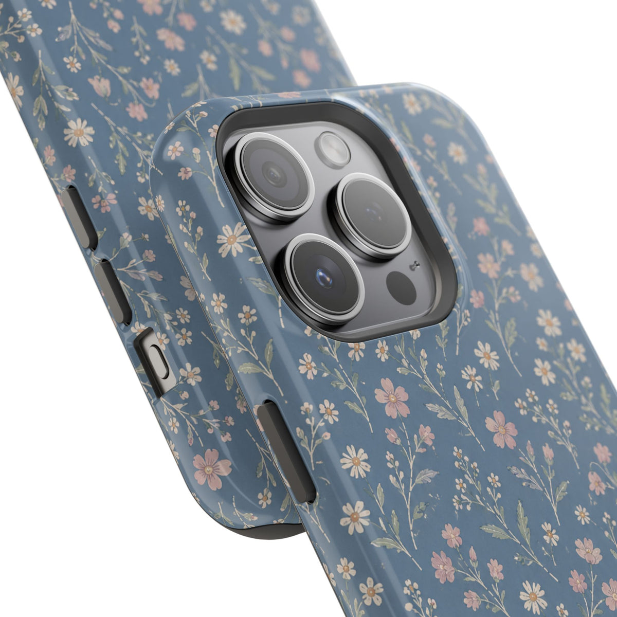 Denim Wildflowers MagSafe Phone Case, glossy square triple-camera Pro model, camera and side-button close-up