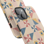 Prairie Quilt – Pastel Patchwork Pattern MagSafe Phone Case, glossy diagonal dual-camera model, camera and side-button close-up