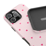 Pink Heart Gingham MagSafe iPhone Case, Impact‑Resistant, Magnetic Protection