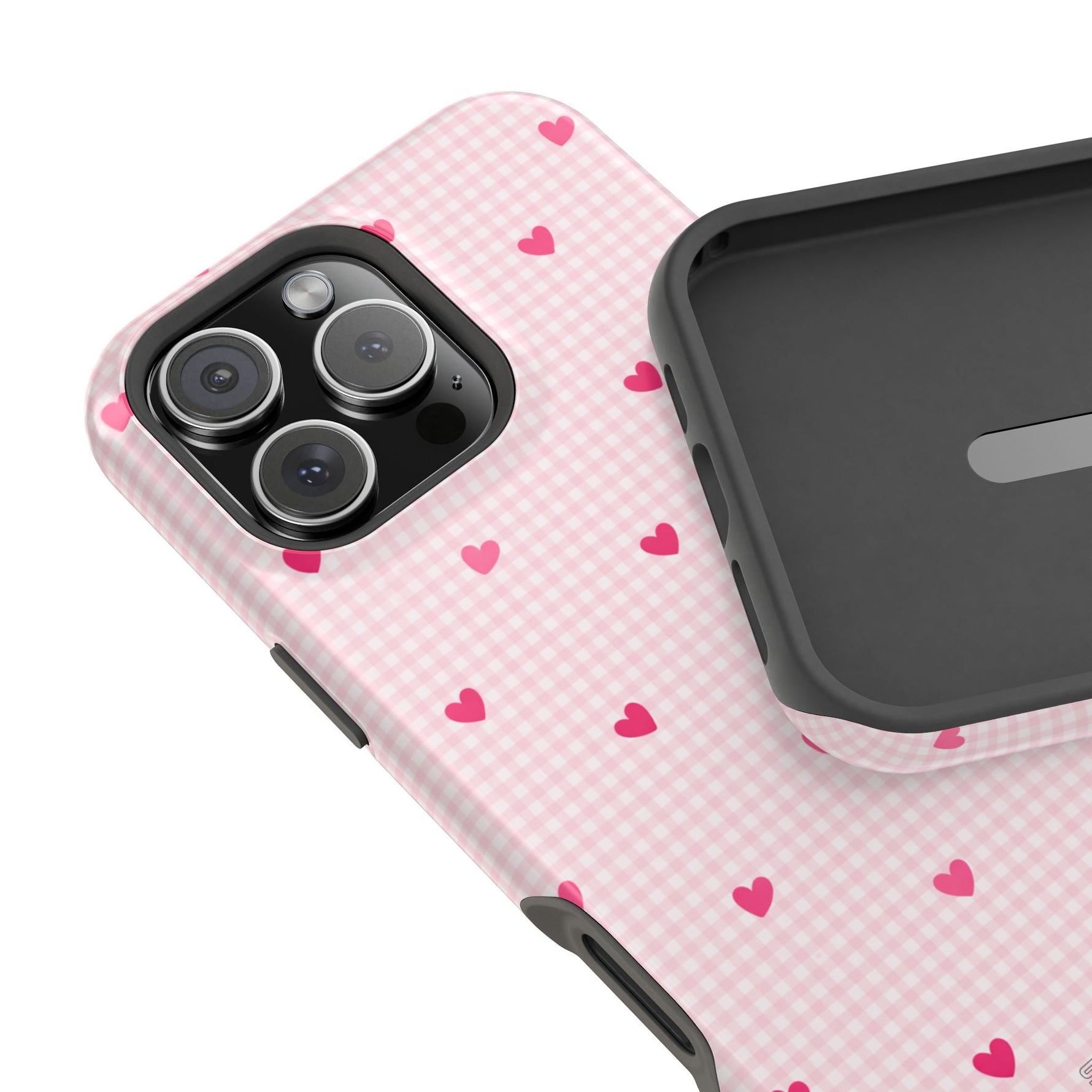 Pink Heart Gingham MagSafe iPhone Case, Impact‑Resistant, Magnetic Protection