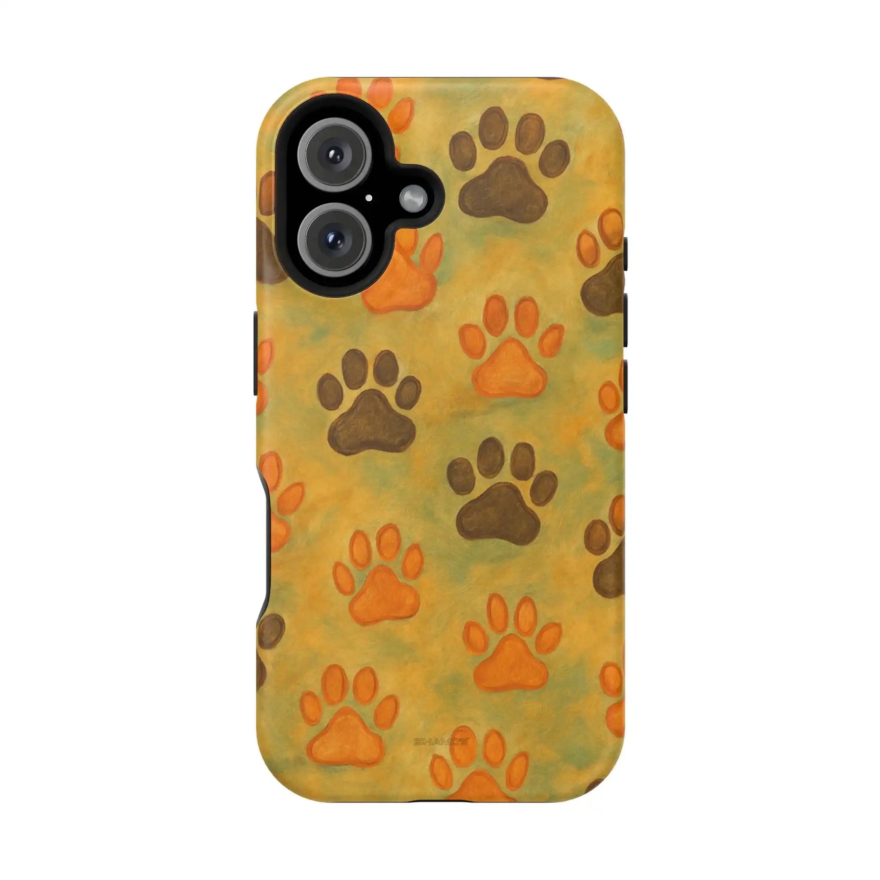 iPhone 13 case with orange and brown paw print pattern on yellow-green background, showing variant size