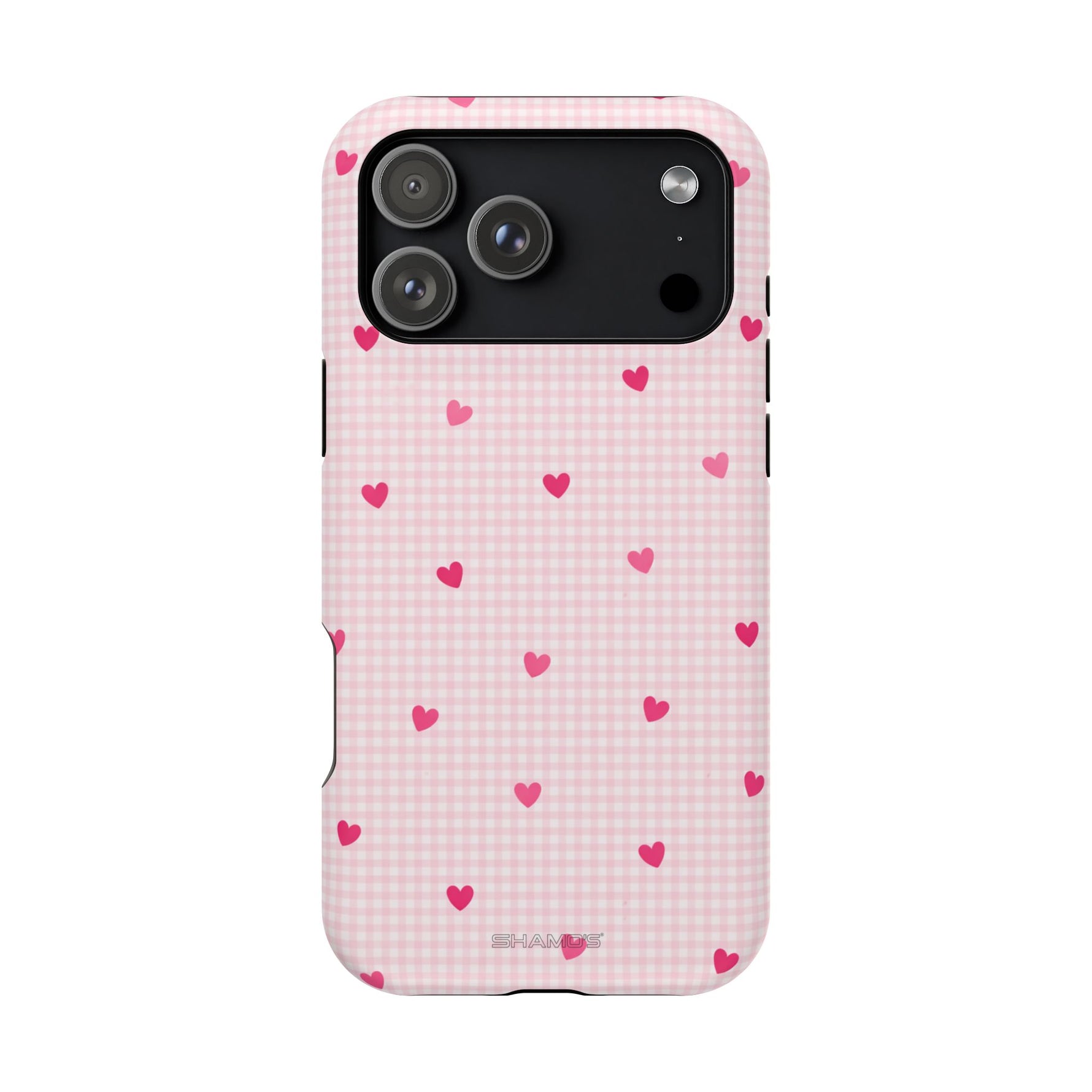 Pink Heart Gingham MagSafe iPhone Case, Impact‑Resistant, Magnetic Protection