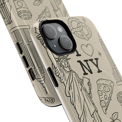 NY City Icons Tough iPhone Case — Statue of Liberty, Pizza & Taxi Pattern | Compatible with MagSafe