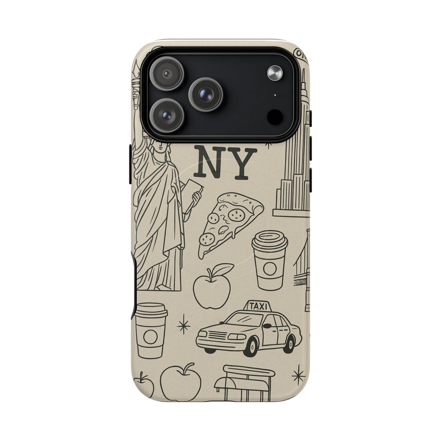NY City Icons Tough iPhone Case — Statue of Liberty, Pizza & Taxi Pattern | Compatible with MagSafe