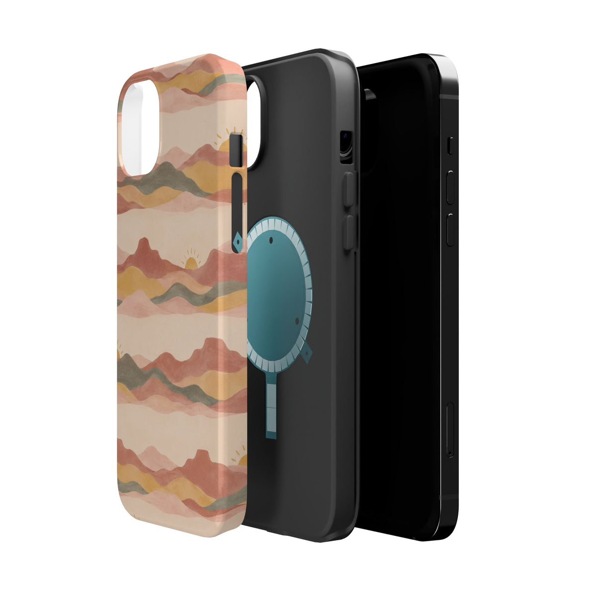 Sunset Trails – Desert Landscape MagSafe Phone Case, glossy diagonal dual-camera model, exploded shell and liner with magnetic ring