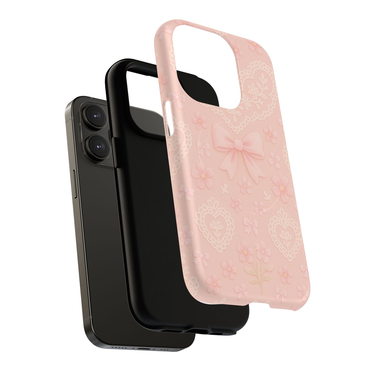Balletcore Pink Floral Lace iPhone Case with Bow | Works with MagSafe