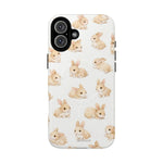 White phone case with small beige bunny pattern and variant size circle on back, dual camera cutout