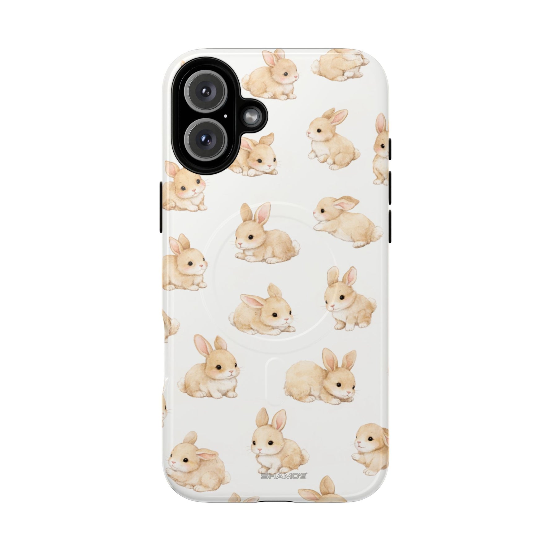 White phone case with small beige bunny pattern and variant size circle on back, dual camera cutout