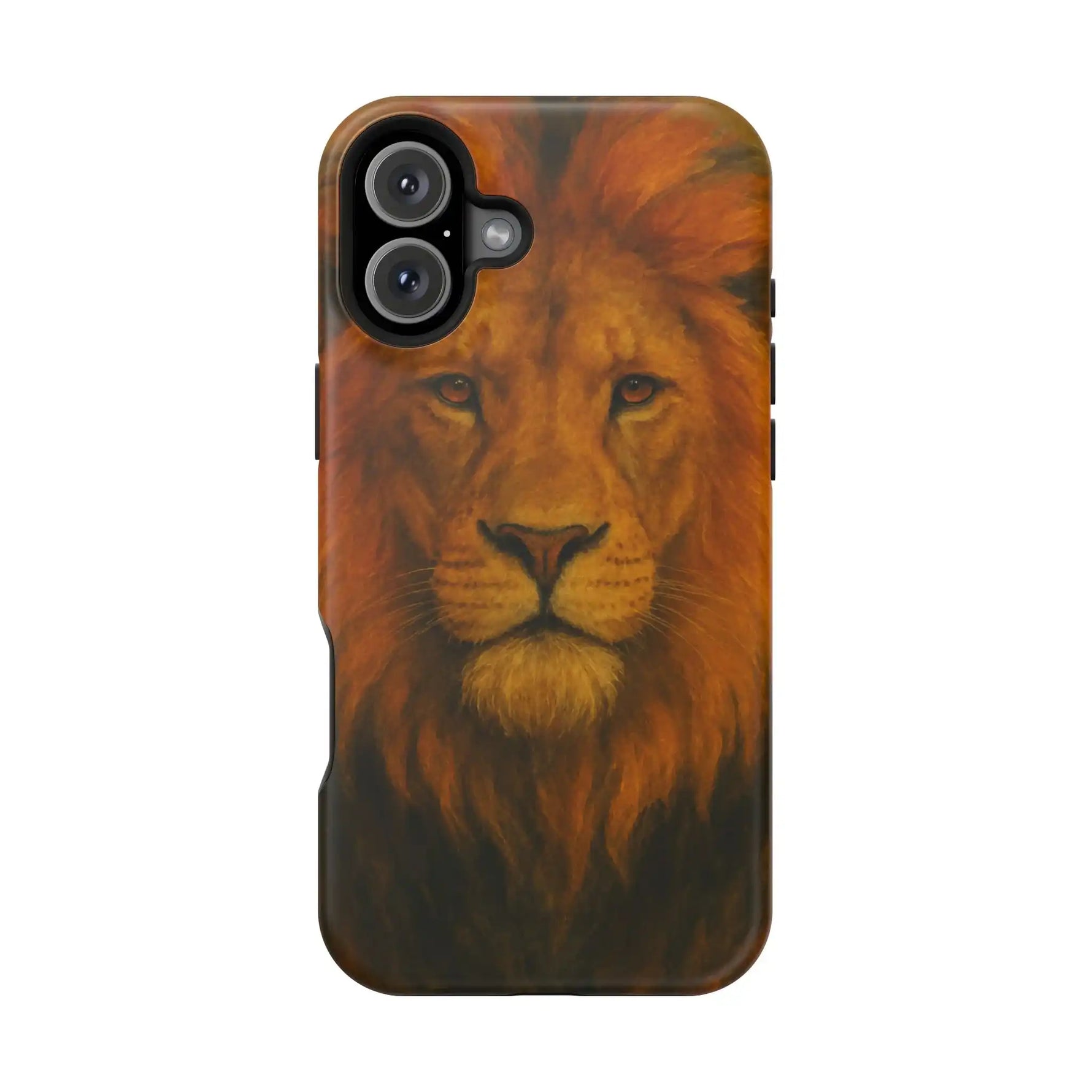 iPhone case with realistic lion face artwork in large size, detailed mane and intense eyes