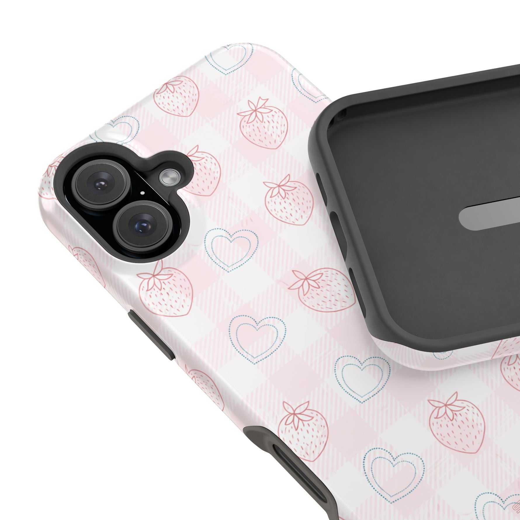 Strawberry Hearts MagSafe Compatible Phone Case | 'Paint it your way' Pink Plaid Impact-Resistant