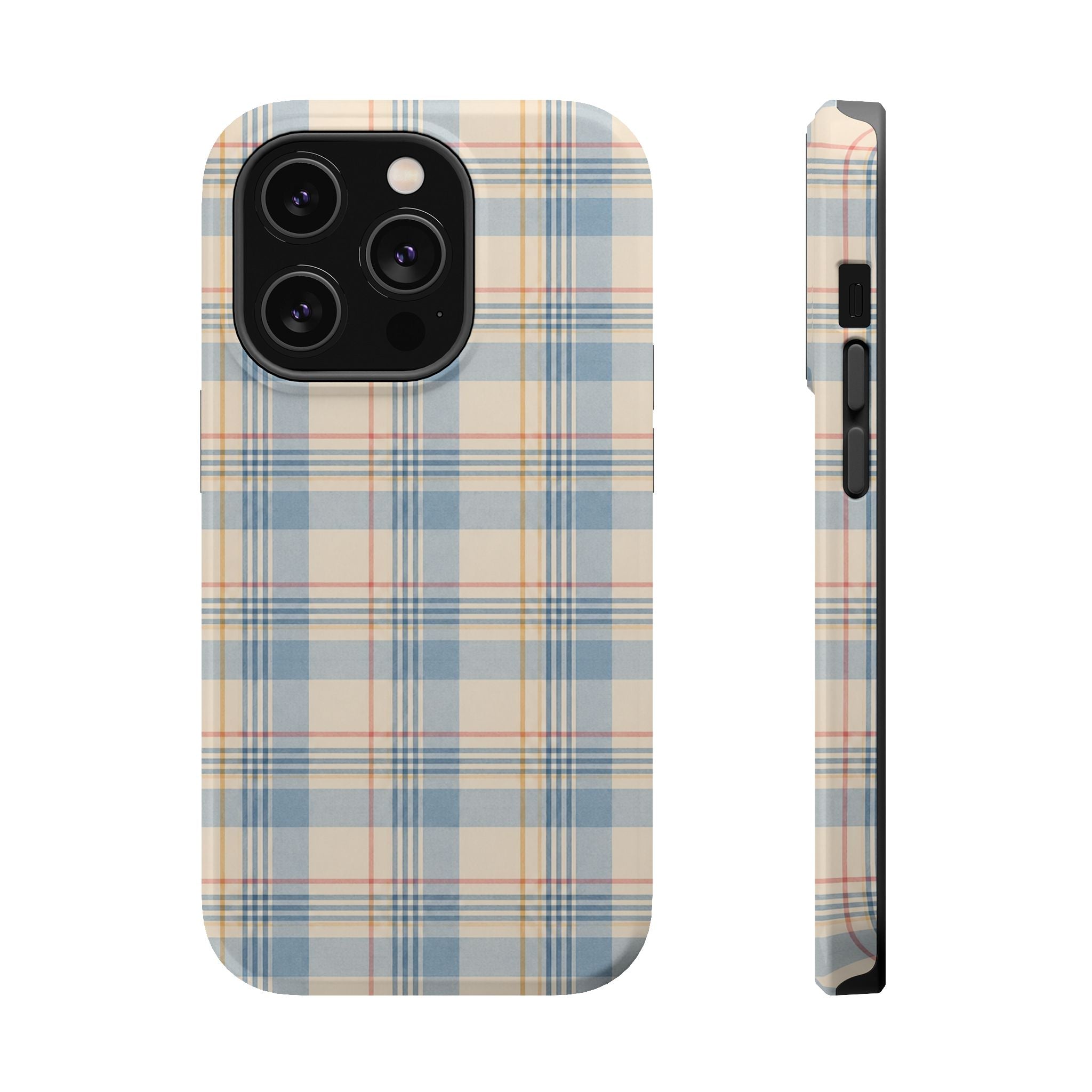 Ranch Check – Blue and Cream Plaid MagSafe Phone Case, glossy iPhone 14 Pro, rear and side profile