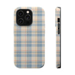 Ranch Check – Blue and Cream Plaid MagSafe Phone Case, glossy iPhone 14 Pro, rear and side profile