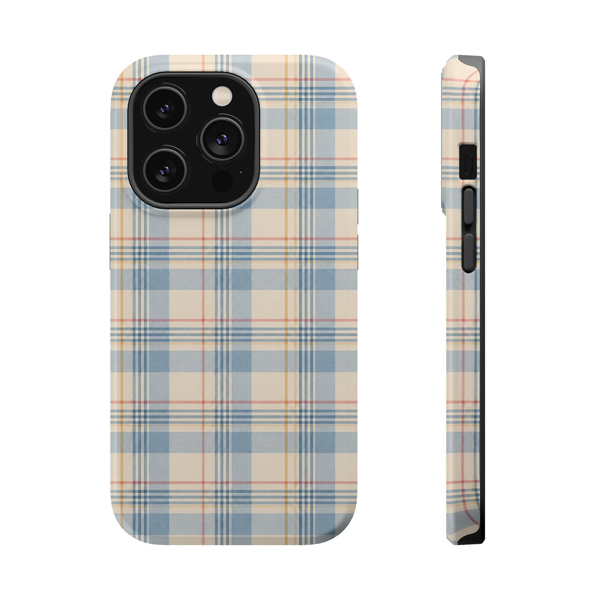 Ranch Check – Blue and Cream Plaid MagSafe Phone Case, glossy iPhone 14 Pro, rear and side profile