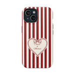 Funda personalizada a rayas — Diseño de corazón rojo y blanco (nombres personalizados)