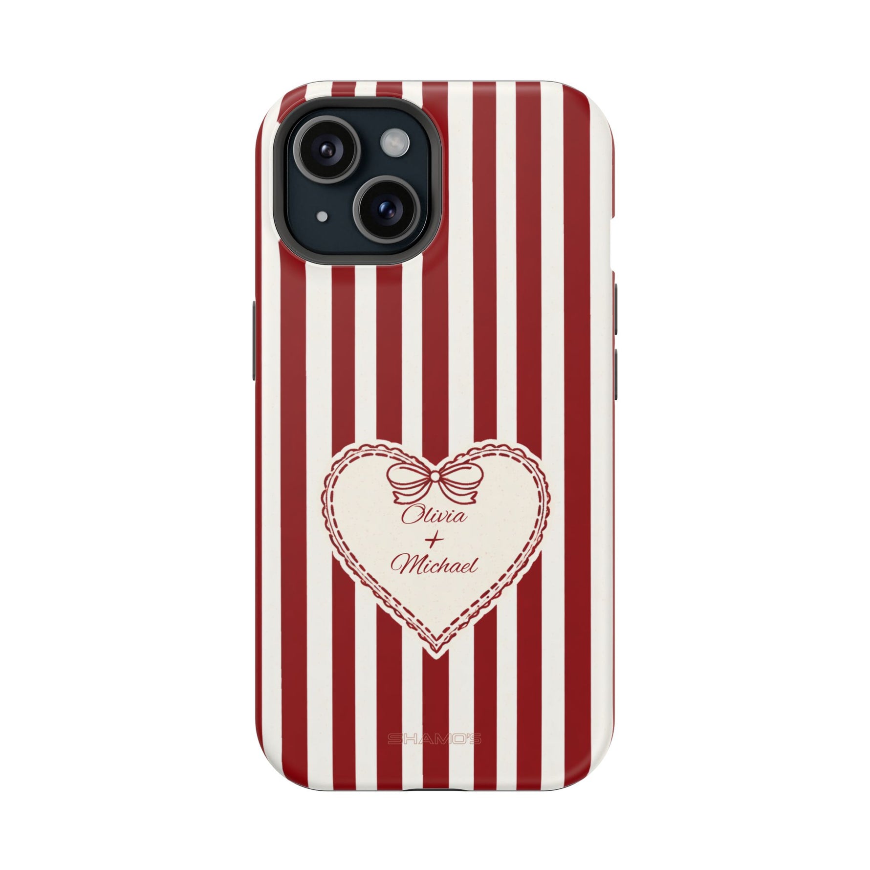 Funda personalizada a rayas — Diseño de corazón rojo y blanco (nombres personalizados)