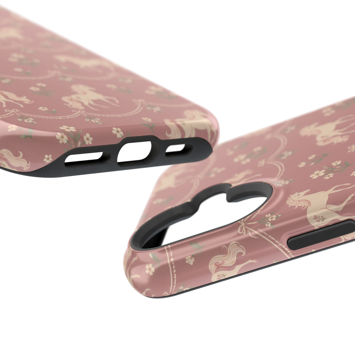 Rose Ponies MagSafe Phone Case, glossy vertical dual-camera model, port openings and edge details