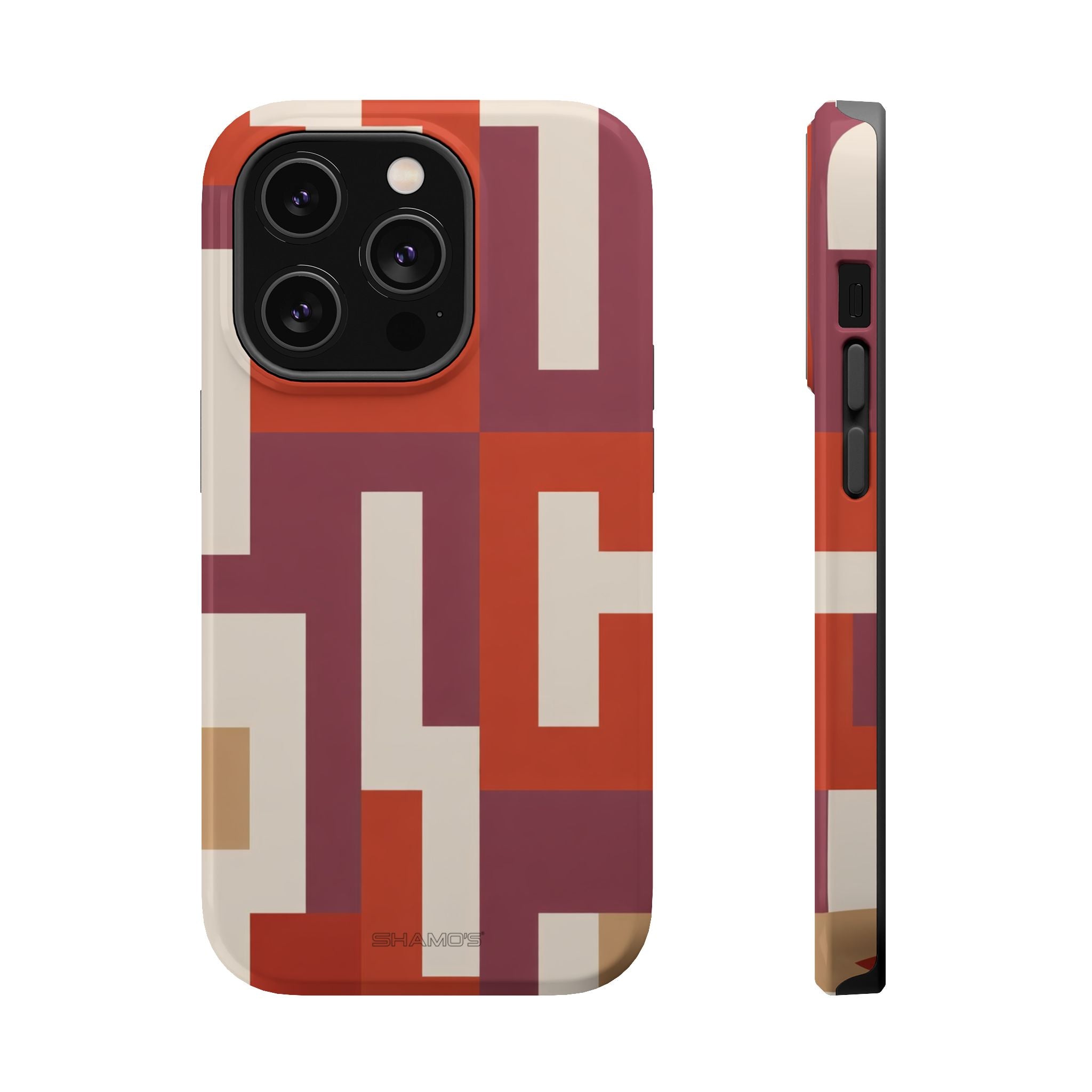 Phone case with interlocking rectangular shapes in rust red, burgundy, and cream