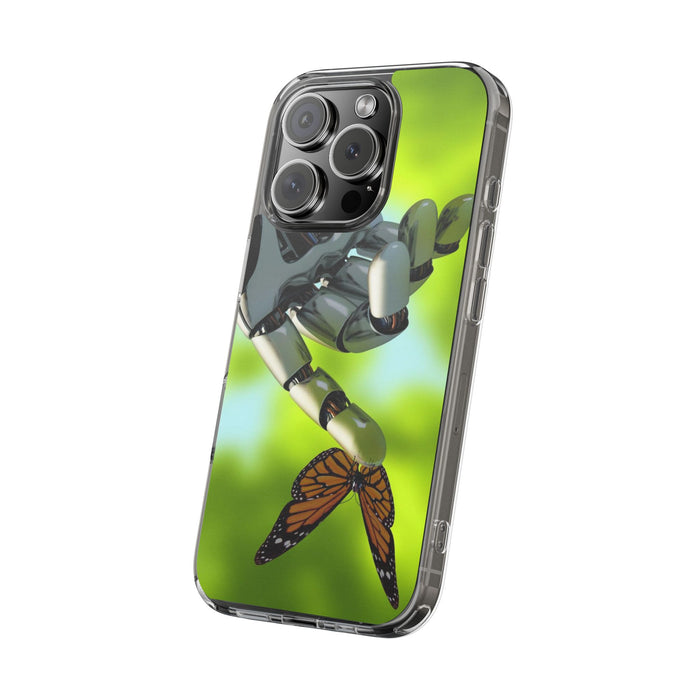 Clear Cases for iPhone 14 Series with Robotic hand and Butterfly.