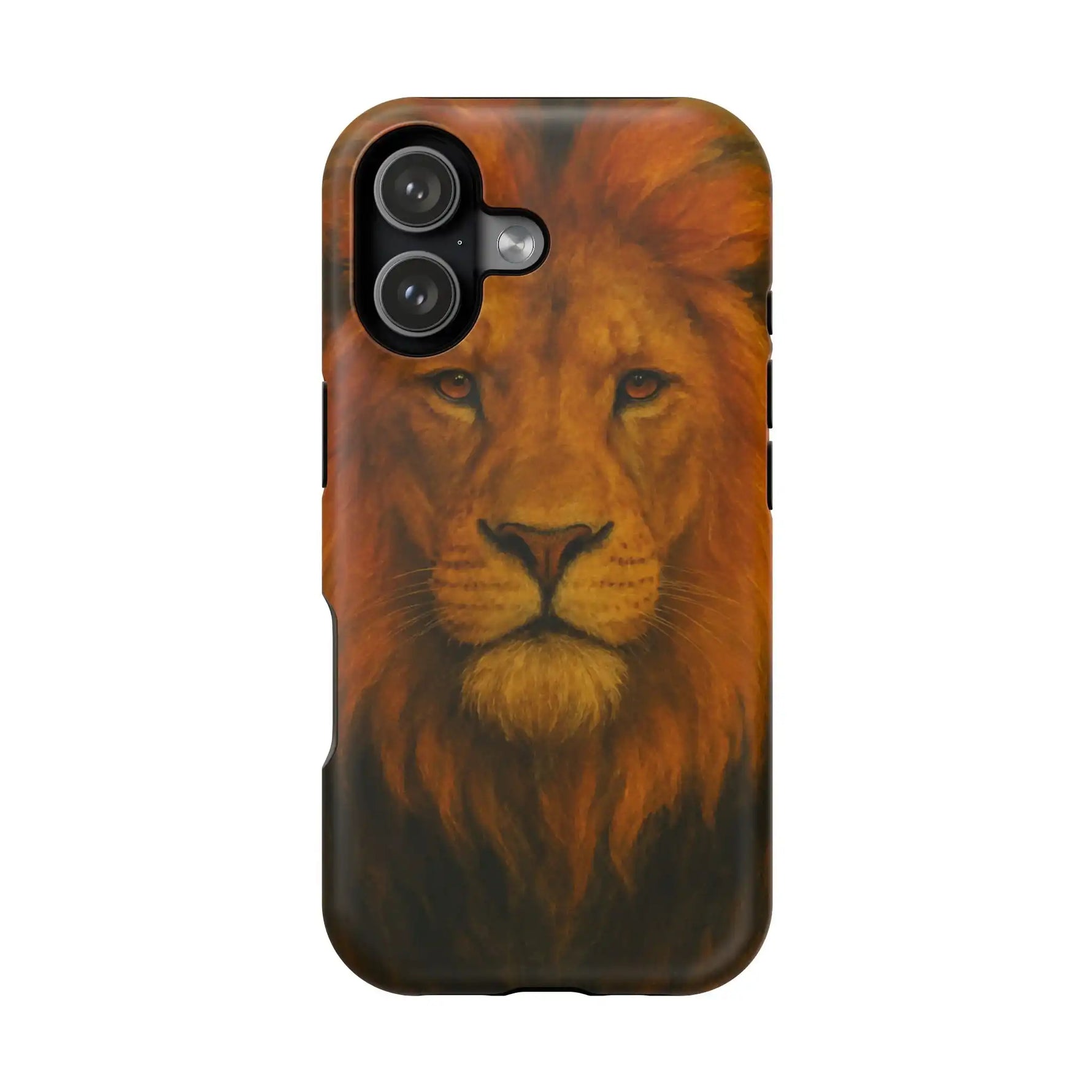 iPhone 14/13 Pro phone case with detailed lion face artwork design, showing variant size