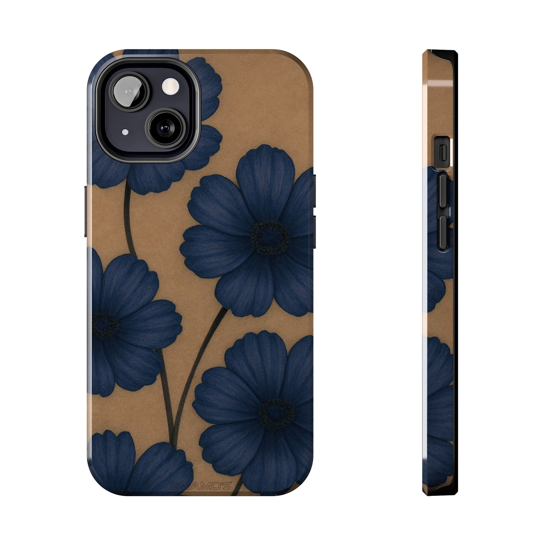 Navy Floral Tough Phone Case — Durable Protective Case with Blue Flowers on Kraft Background