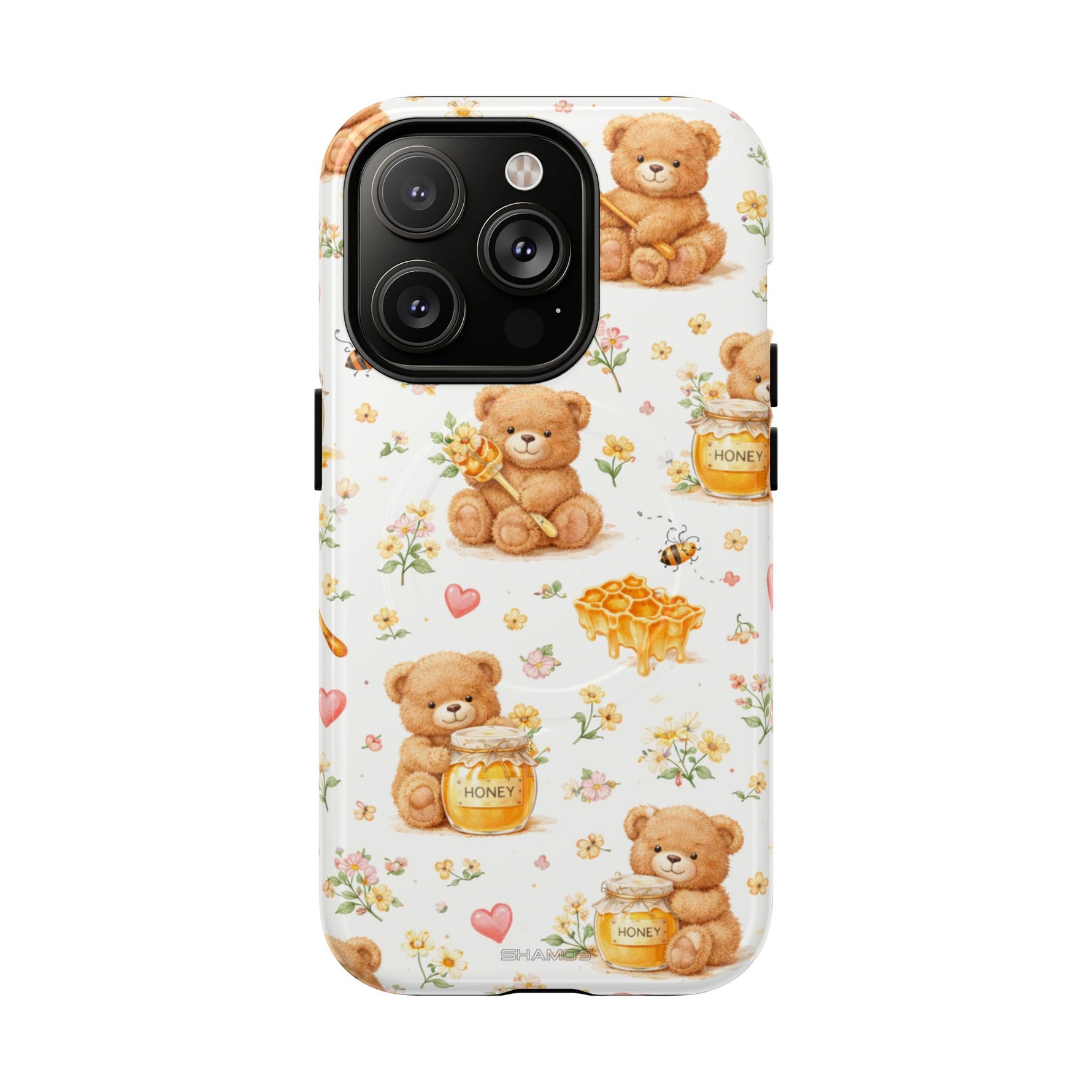 Honey Teddy Bear iPhone Case — Yellow Bee & Honey Pot Design with MagSafe