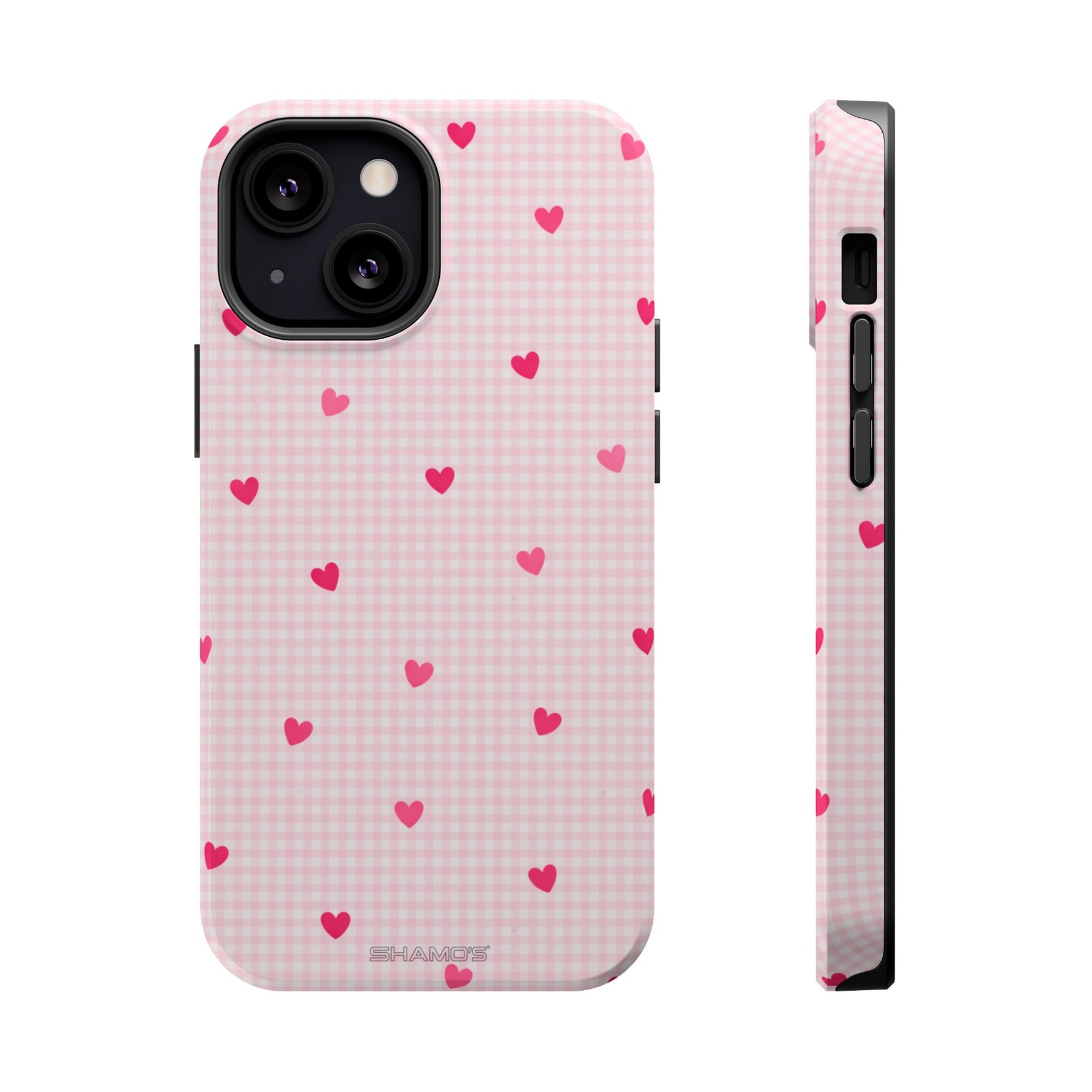 Pink Heart Gingham MagSafe iPhone Case, Impact‑Resistant, Magnetic Protection