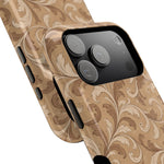 Saddle Scrolls – Tan Western Scrollwork MagSafe Phone Case, glossy compact wide-camera Pro model, camera and side-button close-up
