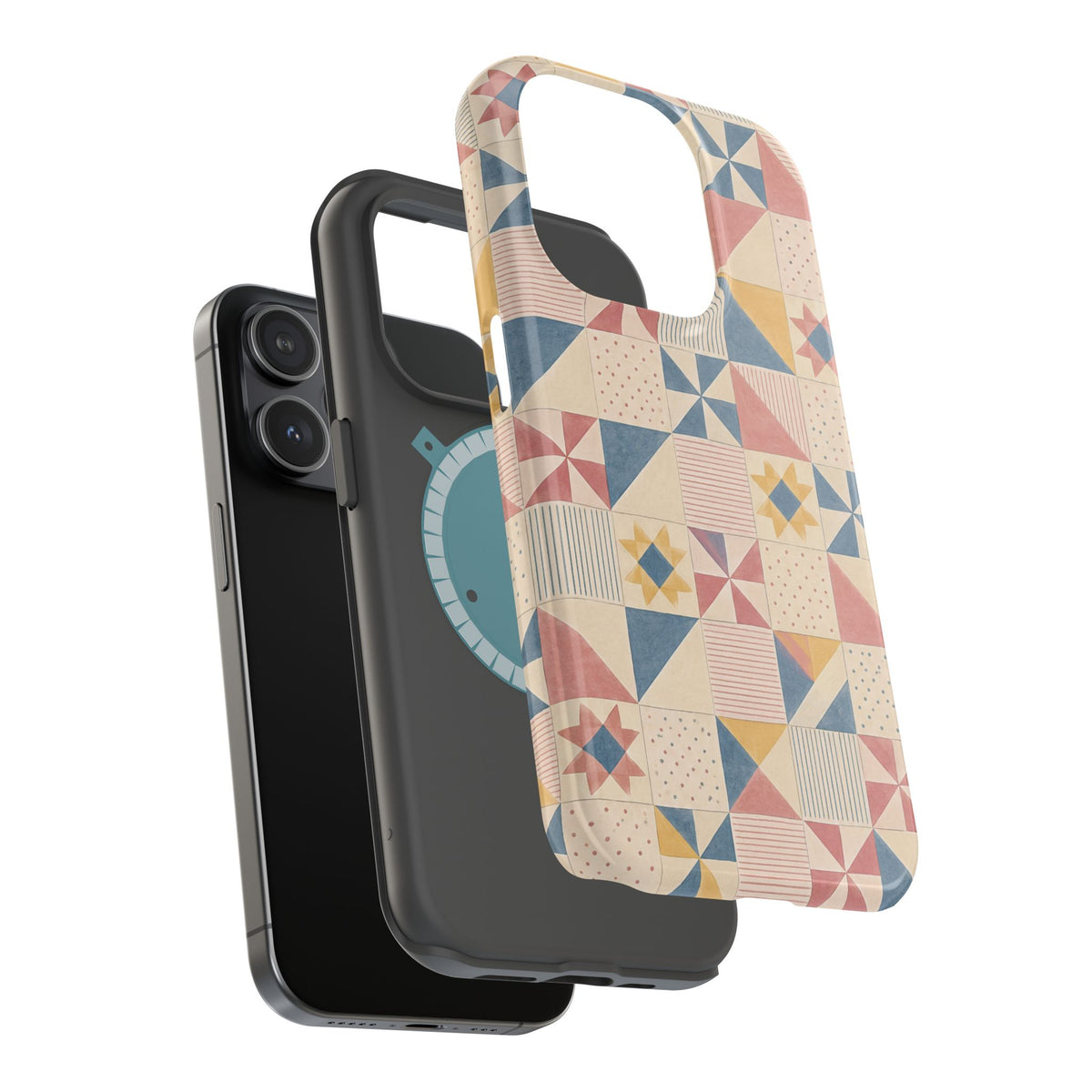 Prairie Quilt – Pastel Patchwork Pattern MagSafe Phone Case, glossy square triple-camera Pro model, exploded shell and liner with magnetic ring