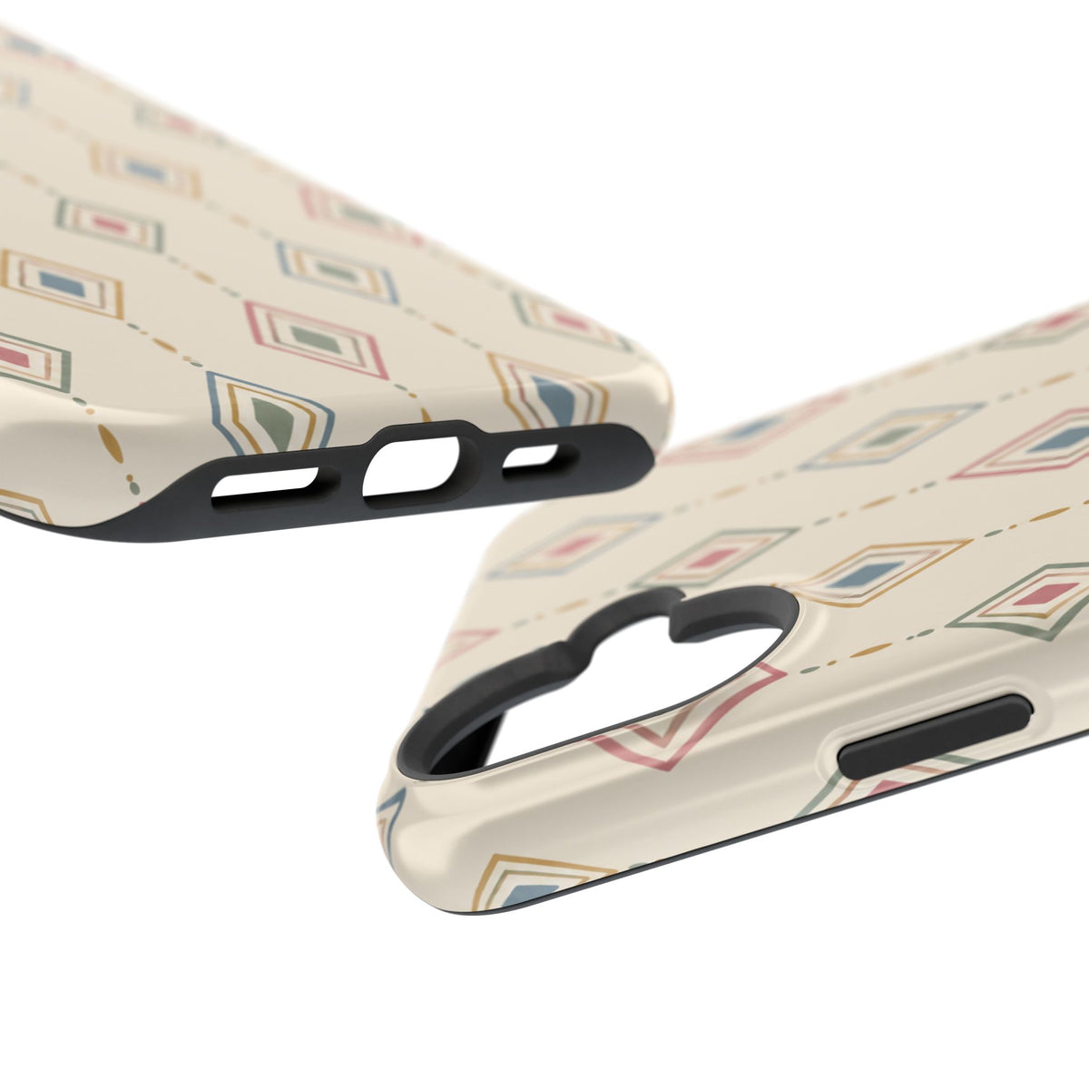 Desert Diamonds – Pastel Geometric Pattern MagSafe Phone Case, glossy vertical dual-camera model, port openings and edge details
