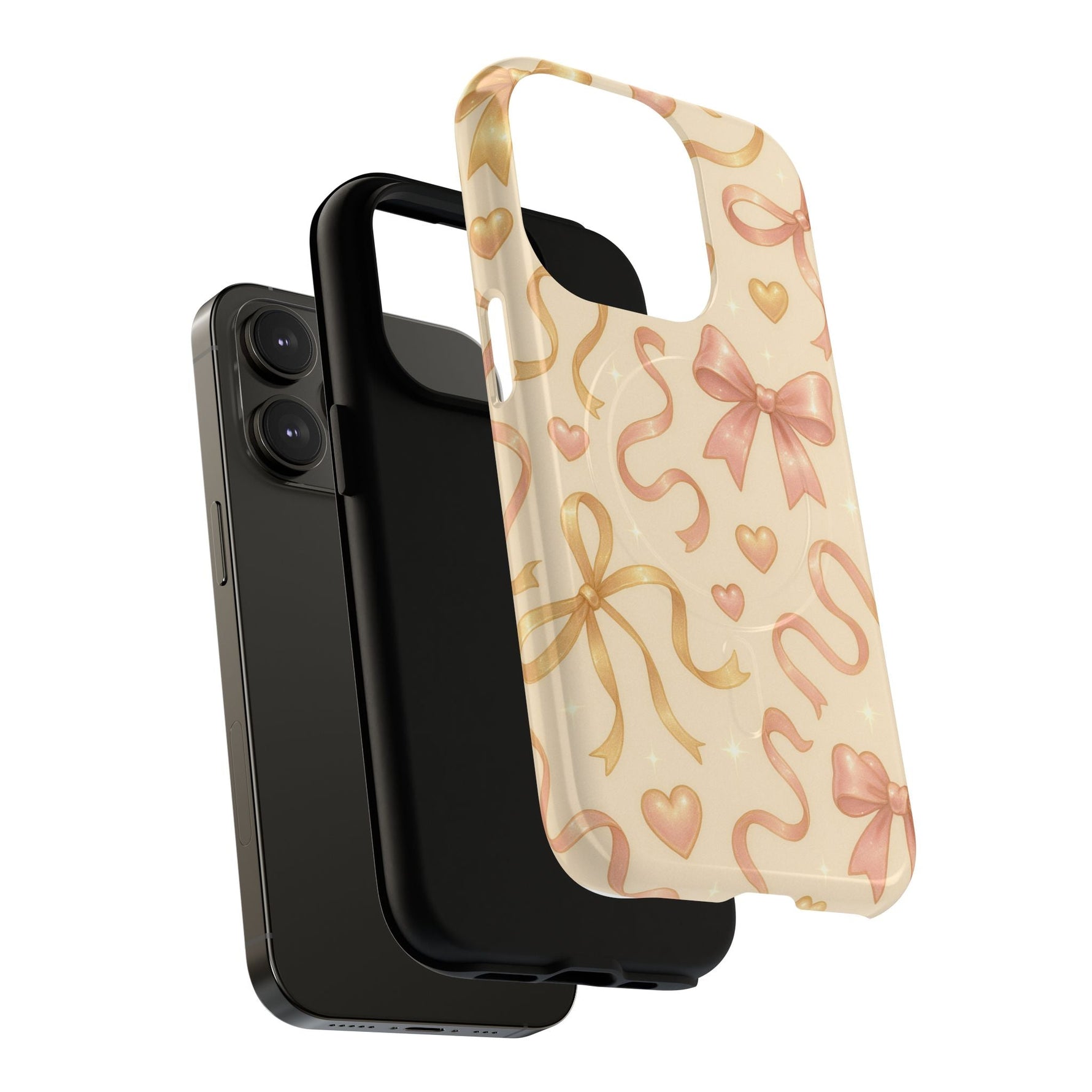 Festive Bow Charm iPhone Case — Pink & Gold Ribbon Hearts with MagSafe  Shamo's