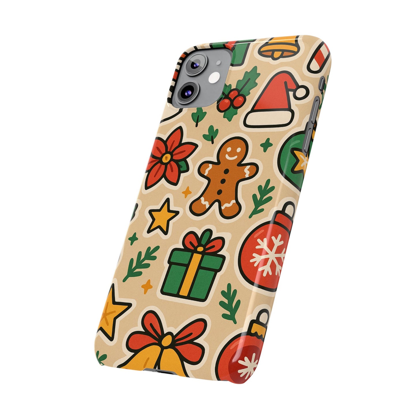 Holiday Pattern Slim iPhone Case — Gingerbread, Santa Hat & Gifts Holiday Design
