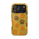 iPhone case with orange and brown paw print pattern on yellow-green background, shown in large size